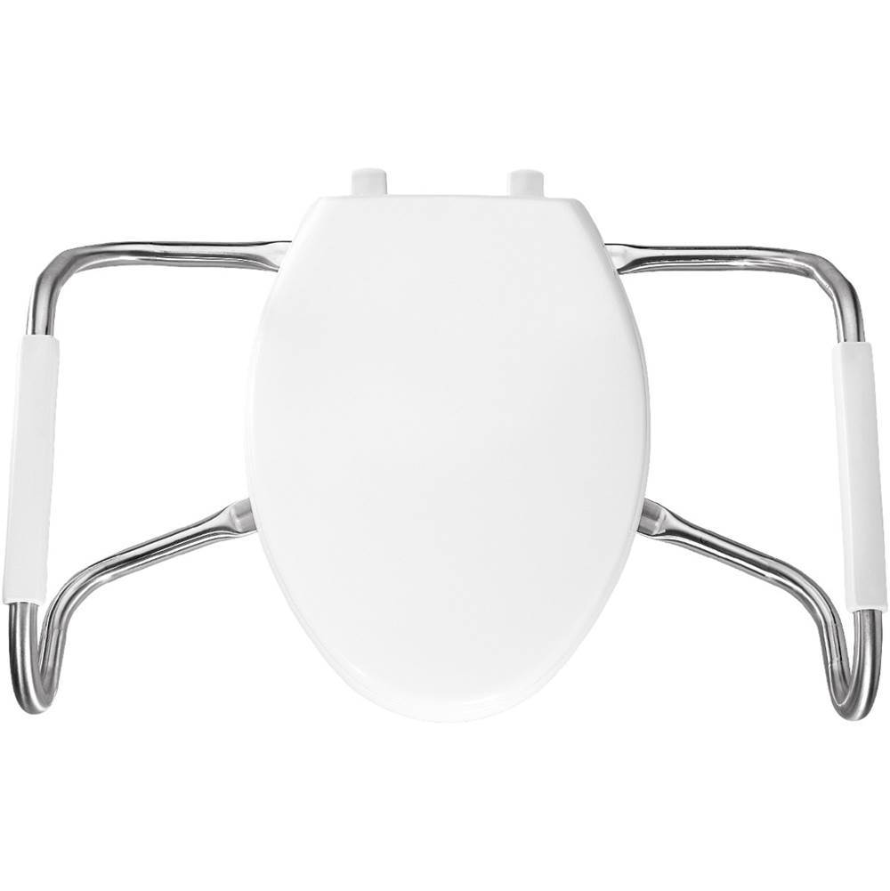 Bemis Elongated Medic-Aid Plastic Toilet Seat in White with STA-TITE Commercial Fastening System, DuraGuard and Stainless Steel Safety Side Arms