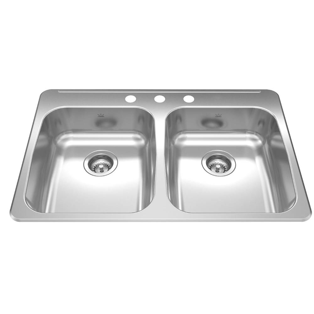 Kindred Canada Reginox 33.38-in LR x 22-in FB x 5.5-in DP Drop In Double Bowl 3-Hole Stainless Steel Kitchen Sink, RDLA3322-55-3